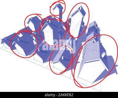 field of twenty five transparent blue detached houses with different height on rectangular  grid composed of squares with red hand drawn sketches Stock Vector