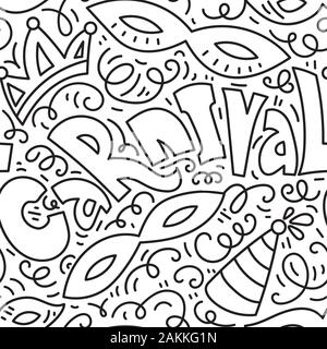 Carnival seamles pattern background with masquerade masks, crown and jester hat..Black and white hand drawn vector illustration. Doodle style. Stock Vector