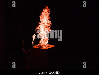 LAUSANNE, SWITZERLAND. 09th, Jan 2020. The Olympic flame lit during Opening Ceremony of the Lausanne 2020 Youth Olympic Games at Vaudoise Arena on Thursday, 09 January 2020. LAUSANNE, SWITZERLAND. Credit: Taka G Wu/Alamy Live News Stock Photo