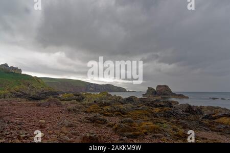 Looking over St Abb's Beach in Berwickshire and over to Cathedral Rock and St Abb's Head in the Background on a rainy day in October. Stock Photo
