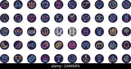 Neon and casino icon set inside black circles design, Decoration advertising light lamp retro glowing art bright and fluorescent theme Vector illustration Stock Vector