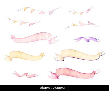 Ribbons set. Isolated Objects. Watercolor. White background. Stock Photo