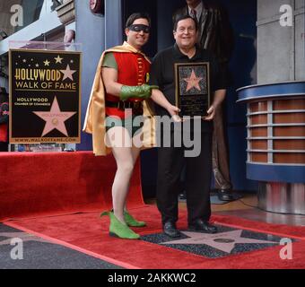 Los Angeles, United States. 09th Jan, 2020. Actor Burt Ward, who played Robin on the Batman television series is joined by a Robin character during an unveiling ceremony honoring him with the 2,683rd star on the Hollywood Walk of Fame in Los Angeles on Thursday, January 9, 2020. Ward's star is next to Adam West, his co-star in the series. Photo by Jim Ruymen/UPI Credit: UPI/Alamy Live News Stock Photo