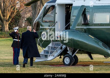 Washington, United States. 09th Jan, 2020. U.S. President Donald Trump walks to Marine One on the South Lawn of the White House for a departure to Toledo, Ohio for a Keep America Great Rally in DC on Thursday, January 9, 2020. In regard to the Ukrainian jet earlier today, President Donald Trump said he doesn't believe that mechanical failure caused the jet to crash after takeoff in Tehran and suggested that 'something very terrible happened.' Photo by Ken Cedeno/UPI. Credit: UPI/Alamy Live News Stock Photo