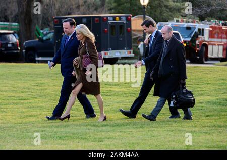 From left to right: White House Director of Social Media Dan Scavino, Senior Counselor Kellyanne Conway, aide John McEntee, and Senior Advisor for Policy Stephen Miller follow United States President Donald J. Trump to Marine One as he departs the White House in Washington, DC en route to Toledo, Ohio to deliver remarks at a Keep America Great Rally on Thursday, January 9, 2020. Credit: Ron Sachs/CNP | usage worldwide Stock Photo