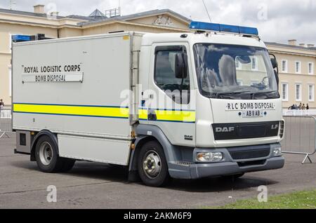 Sandhurst, Berkshire, UK - June 16, 2019: Lorry belonging to the Bomb Disposal Team of the Royal Logistic Corps parked on display at Sandhurst Militar Stock Photo