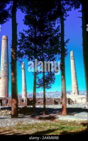 Minarets of the Musalla complex at Herat, Afghanistan, in 1974. The minarets and the complex were built by Queen Gawhar Shad in 1417. Stock Photo