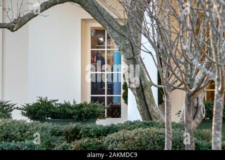 Washington, United States. 09th Jan, 2020. U.S. President Donald Trump is seen in the Oval Office of the White House speaking with staff before walking to Marine One for a departure to Toledo, Ohio for a Keep America Great Rally on Thursday, January 9, 2020. In regard to the Ukrainian jet, President Donald Trump said he doesn't believe that mechanical failure caused the jet to crash after takeoff in Tehran and suggested that 'something very terrible happened.' Photo by Ken Cedeno/UPI Credit: UPI/Alamy Live News