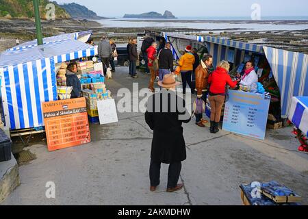 CANCALE, FRANCE -28 DEC 2019- Oysters for sale outside in Cancale, located on the coast of the Atlantic Ocean on the Baie du Mont Saint Michel, in the Stock Photo
