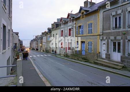 CANCALE, FRANCE -28 DEC 2019- View of the town of Cancale, located on the coast of the Atlantic Ocean on the Baie du Mont Saint Michel, in the Cotes d Stock Photo