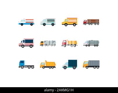 Trucks icon set design, Transportation vehicles transport wheel speed traffic road and travel theme Vector illustration Stock Vector