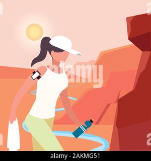 Hiker woman with smartphone and landscape design, Walker excursionist rambler tripper tourist travel trip tourism and journey theme Vector illustration Stock Vector