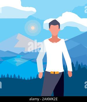 Avatar man in front of landscape design, Boy male person people human social media and portrait theme Vector illustration Stock Vector