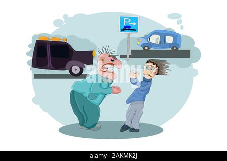 Anger concept. Angry driver shouting on owner other automobile. Man screaming loudly. Emotional driver in rage. Conflict between drivers. Flat vector Stock Vector
