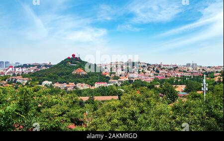 Bird's eye view of red roofs and cityscape, Qingdao, China. Stock Photo