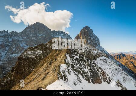 dramatic mountain landscape in Juta trekking area landscape with snowy  mountains in sunny autumn day -  popular trekking  in the Caucasus mountains, Stock Photo