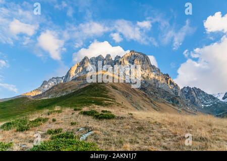 dramatic mountain landscape in Juta trekking area landscape with snowy  mountains in sunny autumn day -  popular trekking  in the Caucasus mountains, Stock Photo