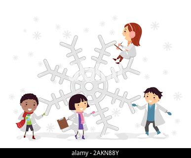 Illustration of Stickman Kids Wearing White Lab Coats with a Big Snowflake Doing an Experiment Stock Photo