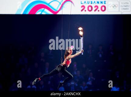 Beijing, China. 9th Jan, 2020. An actress performs with the torch during the opening ceremony of the 3rd Winter Youth Olympic Games held at Vaudoise Arena in Lausanne, Switzerland on Jan. 9, 2020. Credit: Zhang Chenlin/Xinhua/Alamy Live News Stock Photo