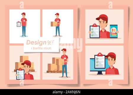 six designs of delivery service with workers and icons Stock Vector