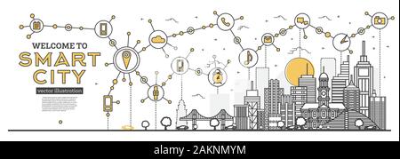 Outline Smart City Skyline Panorama. Networks and Internet of Things Icons. Vector Illustration. Urban Landscape with Cars, Office Buildings and Trees Stock Vector