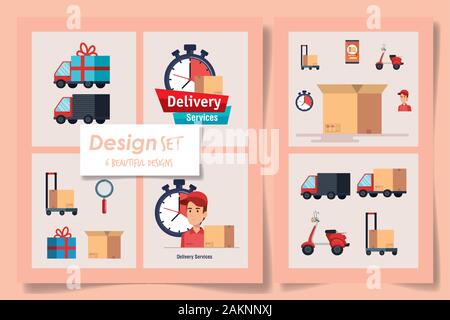 six designs of delivery service with workers and icons Stock Vector