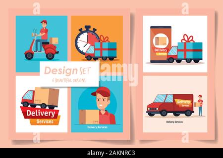 six designs of delivery service with workers and icons Stock Vector