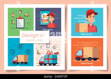six designs of delivery service with workers and icons Stock Vector
