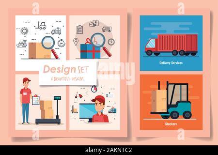 six designs of delivery service with workers and icons Stock Vector