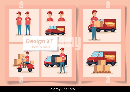 six designs of delivery service with workers and icons Stock Vector