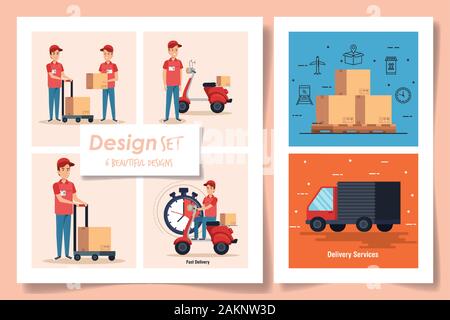 six designs of delivery service with workers and icons Stock Vector
