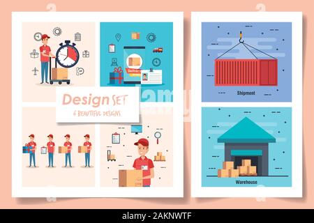 six designs of delivery service with workers and icons Stock Vector