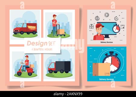 six designs of delivery service with workers and icons Stock Vector