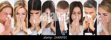 Sick People Sneezing And Blowing Noses Collage Stock Photo