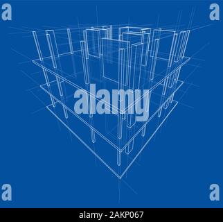 Drawing or sketch of a house under construction. Construction site. Main line, back contour and auxiliary lines. Vector made from 3d. Stock Vector