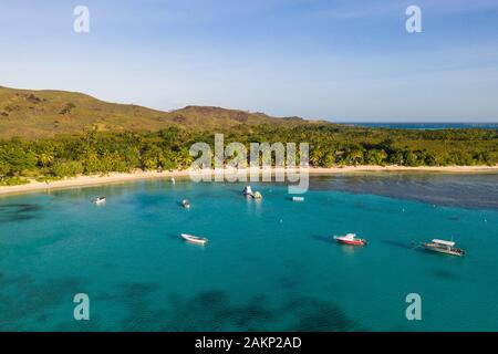 Aerial view of the idyllic blue lagoon beach and coast in the Yasawa islands in Fiji Stock Photo