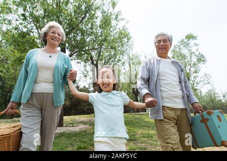 Older couples with a granddaughter picnic in the park Stock Photo
