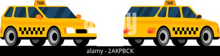 Taxi car front and back side perpective view. Yellow cab city service transport set flat vector cartoon style illustration Stock Vector