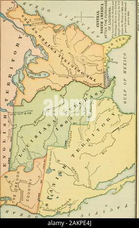 A history of the American nation . fore, agreed that the UnitedStates as a nation could acquire territory; they differed on thequestion of the nature of the control over it. Thus the territory of the United States was more than doubled. Louisiana contained over 800,000 square miles. It was part of the great Mississippi Valley. The Its meanings. *. , . heart of the contment, bound together by rivers ^ We took Frances title—Louisiana with the extent that it has in thehands of Spain, and that it had when France possessed it, and such as itshould be after the treaties subsequently entered into bet Stock Photo