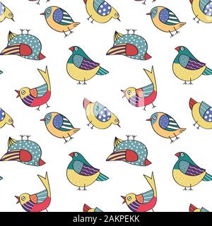 Seamless pattern with hand drawn birds in the white backdrop. pattern texture for fabric, wrapping, textile, wallpaper, apparel. Stock Vector
