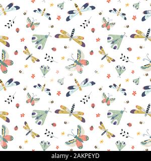 Seamless pattern with moth, butterfly ,flowers and dragonfly in the white backdrop. pattern texture for fabric, wrapping,wallpaper, apparel Stock Vector