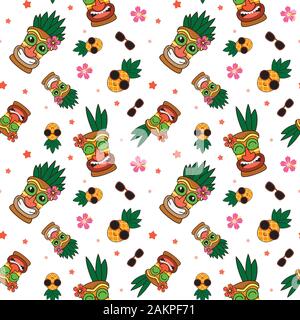 seamless patten hawaiian concept with pineapple and tiki mug . creative pattern texture for fabric, wrapping, textile, wallpaper, apparel. Stock Vector