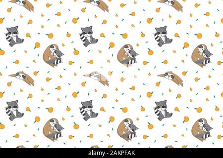 Seamless pattern with raccoon and sloth and orange in the white backdrop. creative pattern texture for fabric, wrapping, textile, wallpaper, apparel. Stock Vector