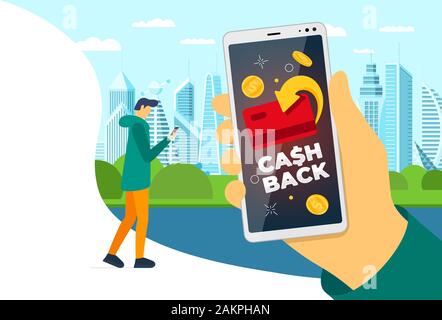 Cashback loyalty program concept. Credit or debit card with returned coins on smartphone screen in man hand on city street. Refund money service design. Bonus cash back symbol vector illustration Stock Vector