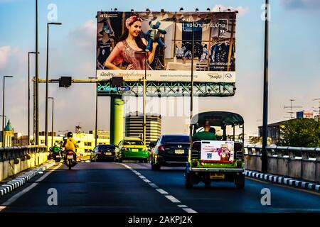 Bangkok, Thailand - Oct 29, 2019: Tut Tut spotted on the road in Bangkok, Thailand. Thailand's native taxi. Stock Photo