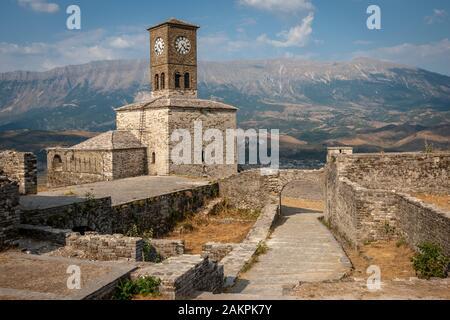 Clock tower and fortress at Gjirokaster castle, Albania Stock Photo