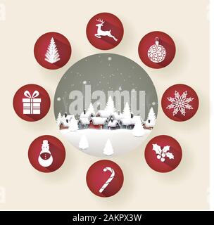 Icon set of round frames with Christmas in the winter Stock Vector