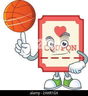 a Healthy red love coupon cartoon character playing basketball Stock Vector