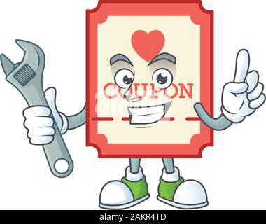 Smart Mechanic red love coupon cartoon character design Stock Vector