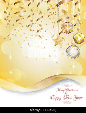 Merry christmas and happy new year golden background with balls, star Stock Vector